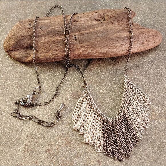 Two Tone Silver Gunmetal Chain Fringe Necklace - Picture 2 of 2